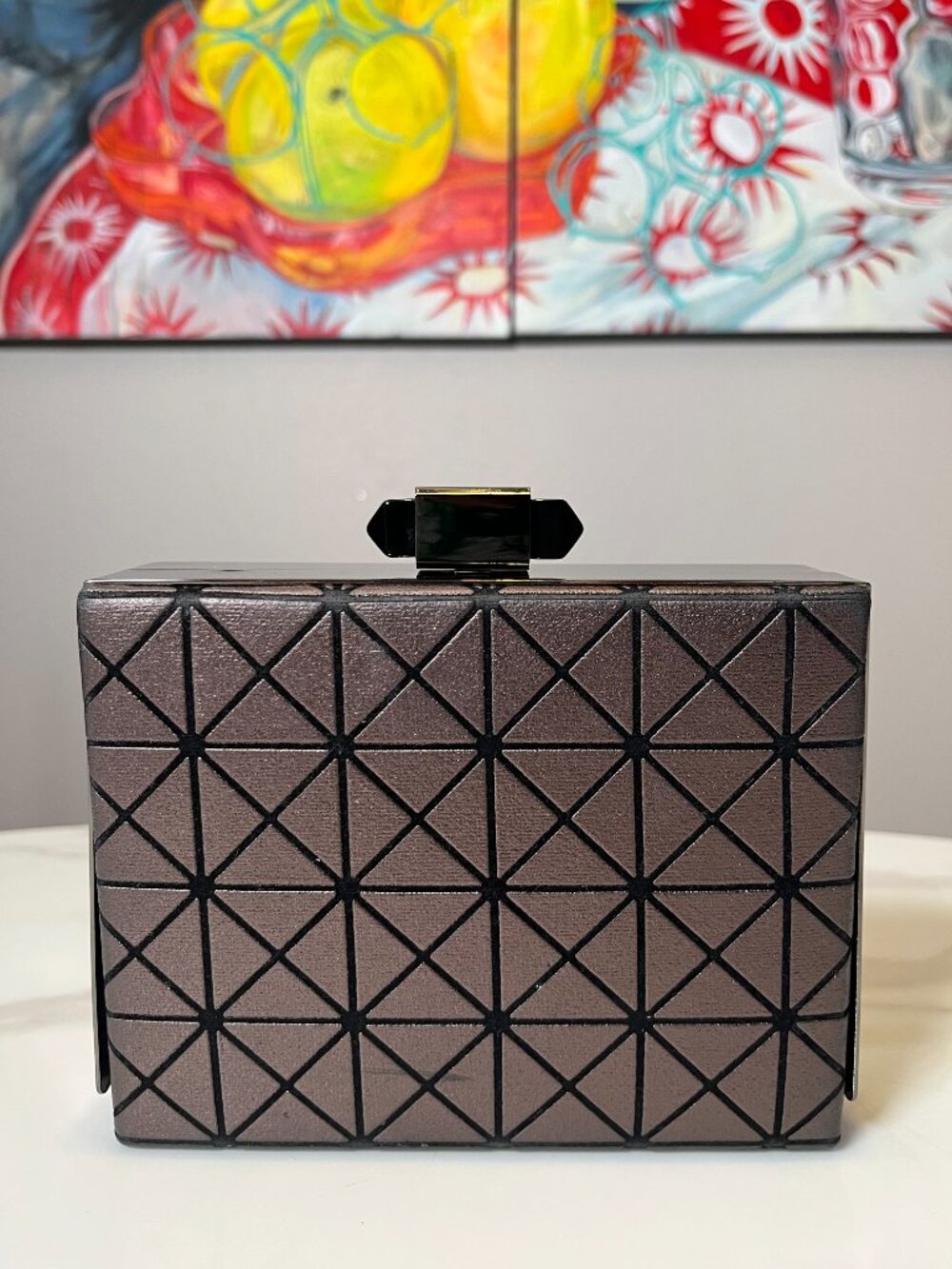 Sondra Roberts Metallic Geometric Leather Gunmetal Frame Box Clutch - Picture 4 of 13